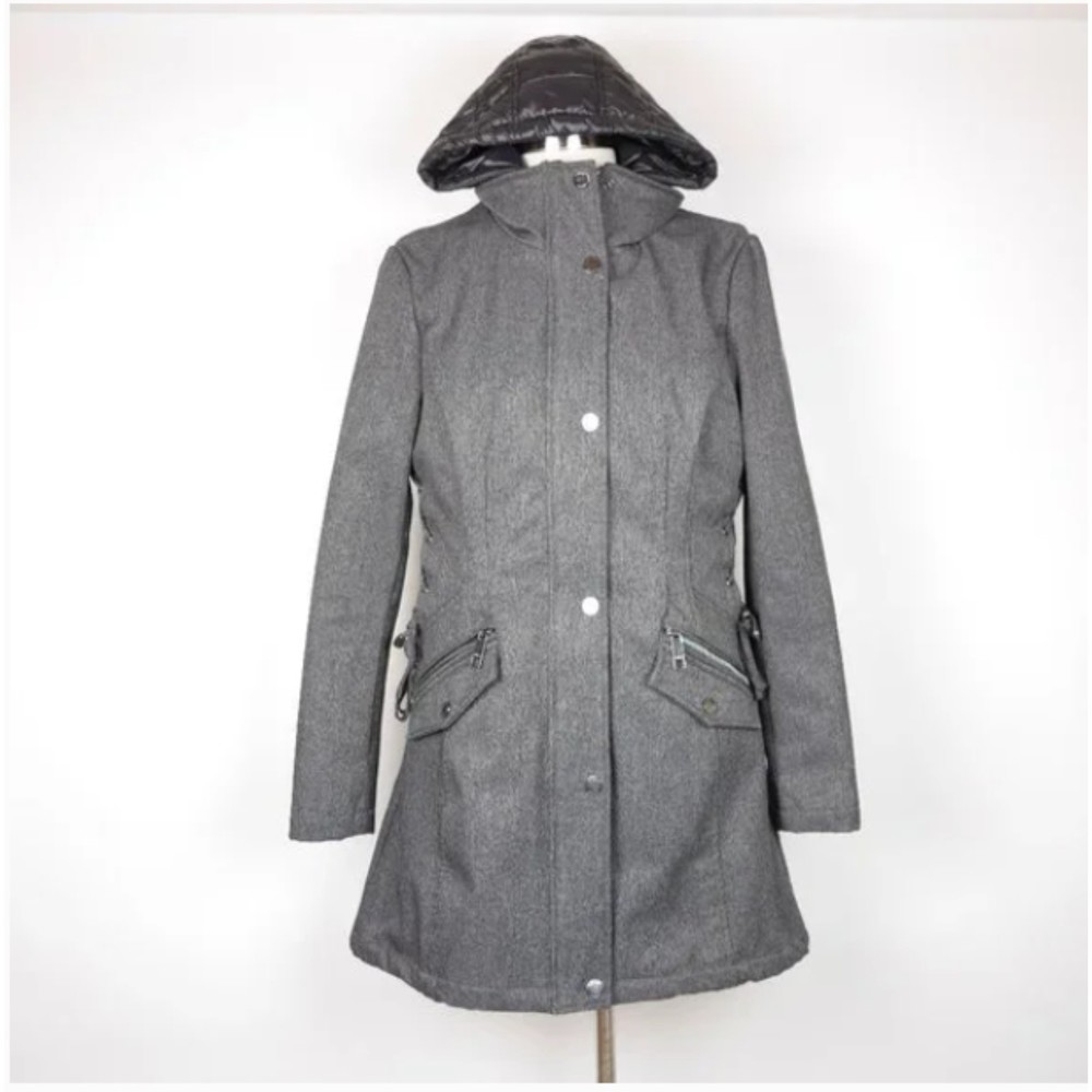 GUESS Women's Gray Pea Coat Trench with Hood and Insulated Puffer Vest S